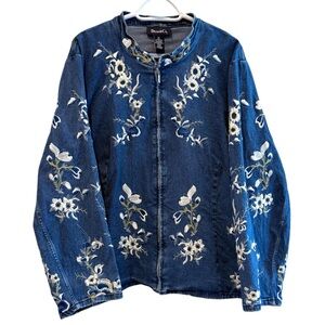 Denim & Co. Denim Full Zip Jacket Blue Floral br Embroidered Blue White Size 2XL